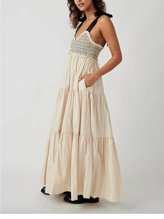 Amazon Smocked Tiered Ruffle Tie Shoulder Festival Cottagecore Peasant Dress S - Picture 1 of 11